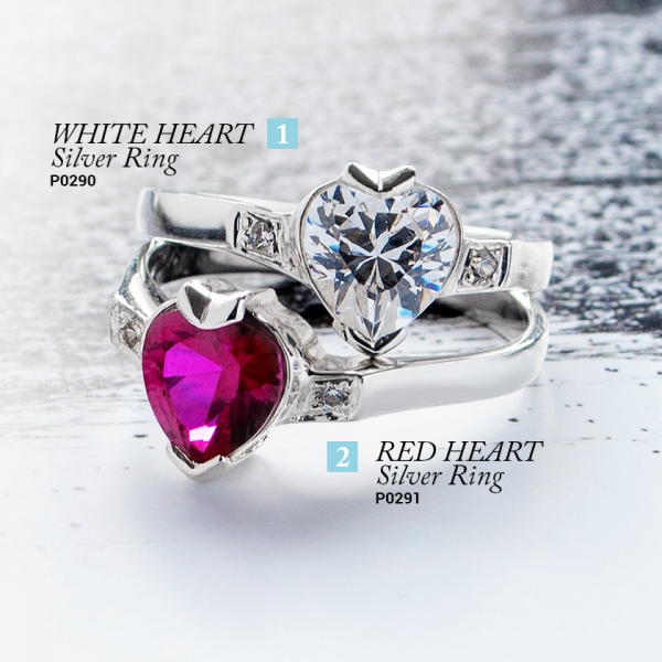 White and Red Heart - heart shape cubic zirconia rings