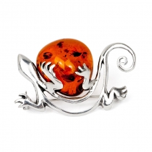 GECKO Silver Brooch with Natural Baltic Amber