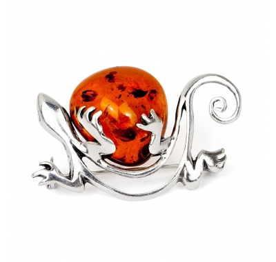 GECKO Silver Brooch with Natural Baltic Amber