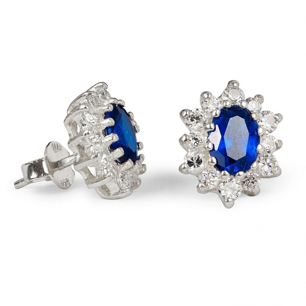 Stud Earrings with Sapphire and Cubic Zirconias - Harry Fay Jewellery