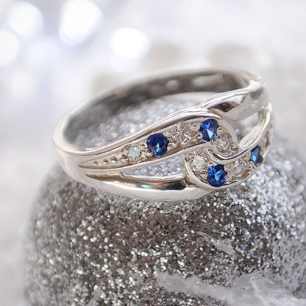 Silver Ring with White Cubic Zirconias and Blue Sapphires - Harry Fay ...
