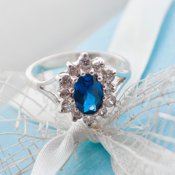 Silver Ring with Sapphire and Cubic Zirconia stones - Harry Fay Jewellery