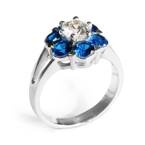 Sterling Silver Ring with Central White Zirconia and 6 Sapphires ...